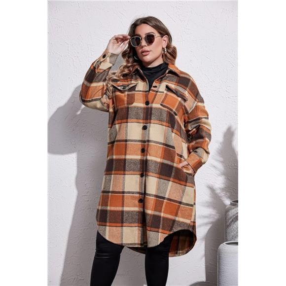 Women's Plus Size Flannel Plaid Shirts Long Sleeve Button Down Long Jacket Coats - Picture 2 of 6